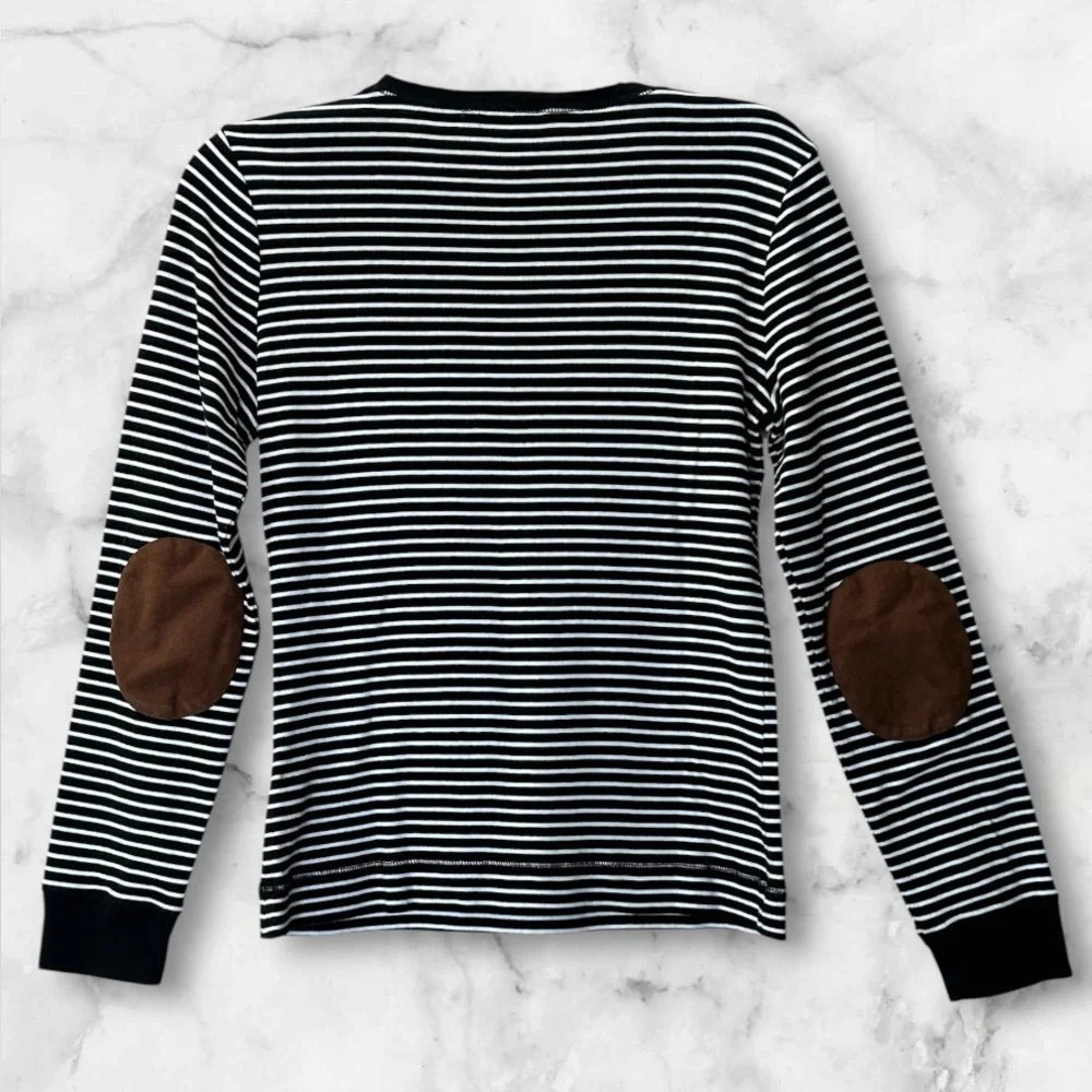 Lauren Ralph Lauren Black White Striped Top Suede Elbow Patches and Accents Sz M - Picture 4 of 15